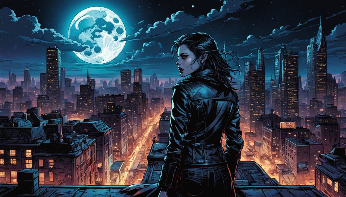 Modern Vampire Witch on Bustling City Rooftop
