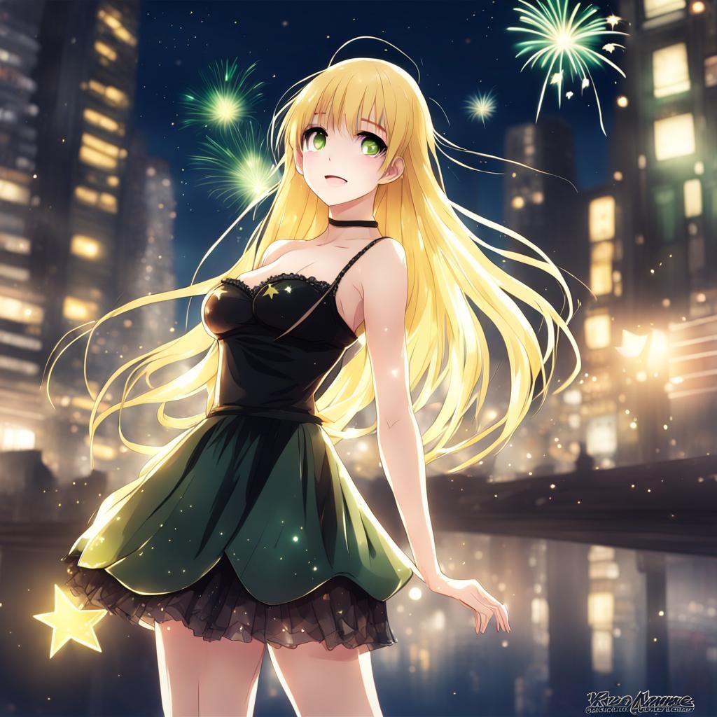 Anime Girl in Cityscape with Fireworks