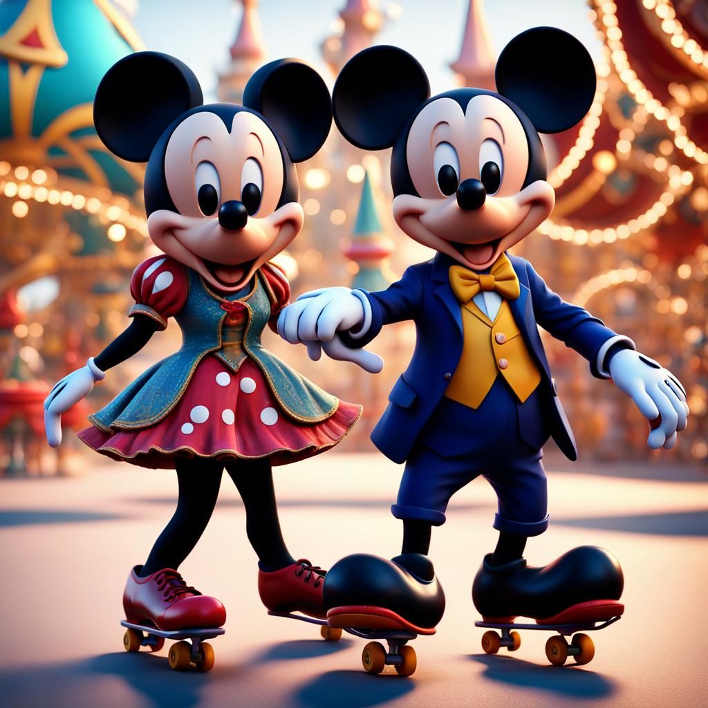 Mickey mouse and mini mouse skating in colorful festive park