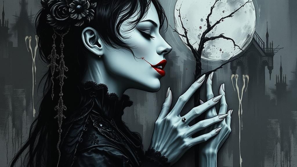 Ethereal Vampire Kiss in Surreal Horror Dreamscape