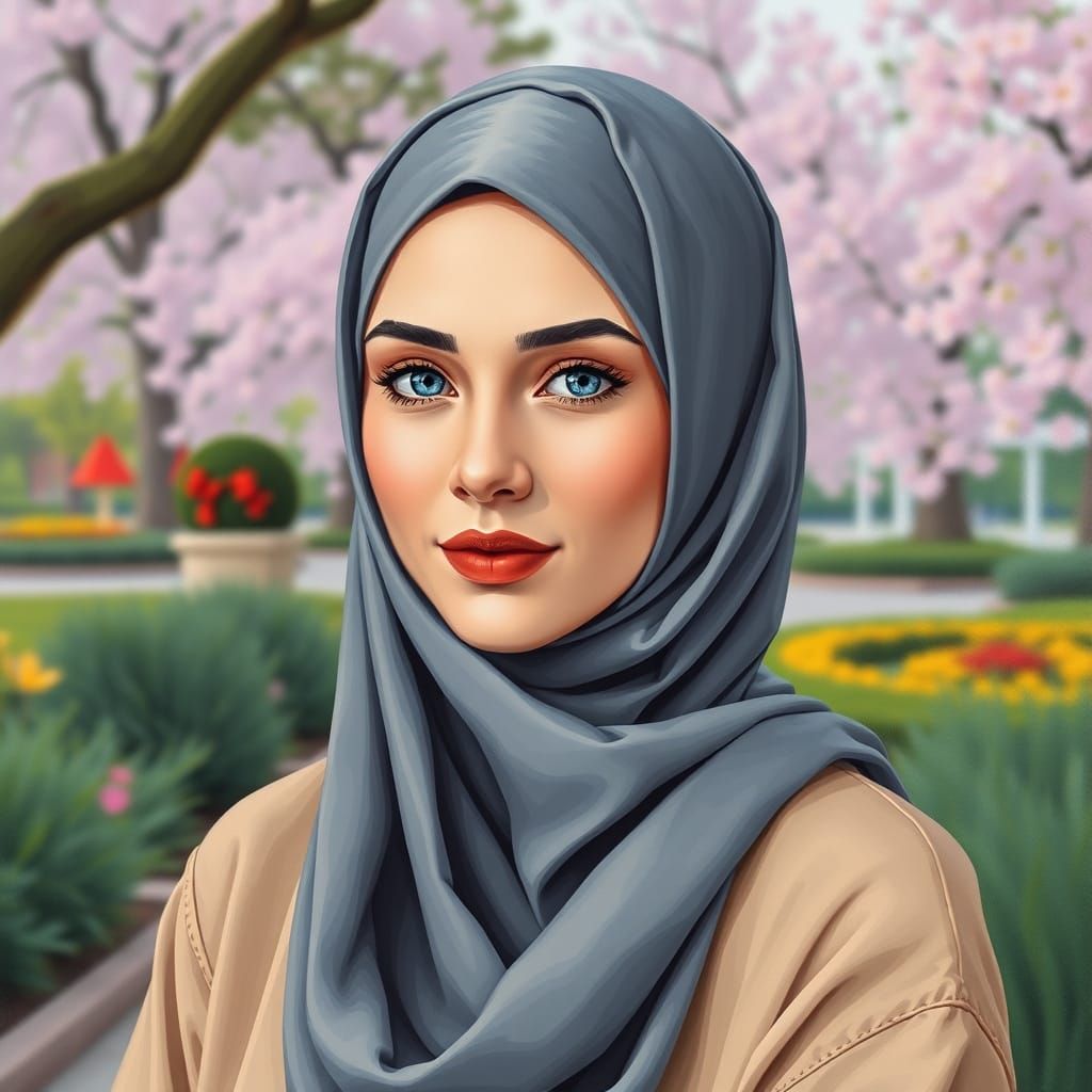 Elegant Hijabi Woman in Garden Park Oil Painting