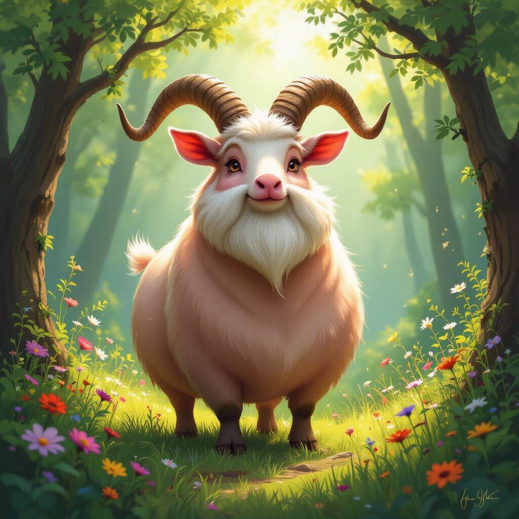 Whimsical Pig-Goat Creature in Sunlit Forest