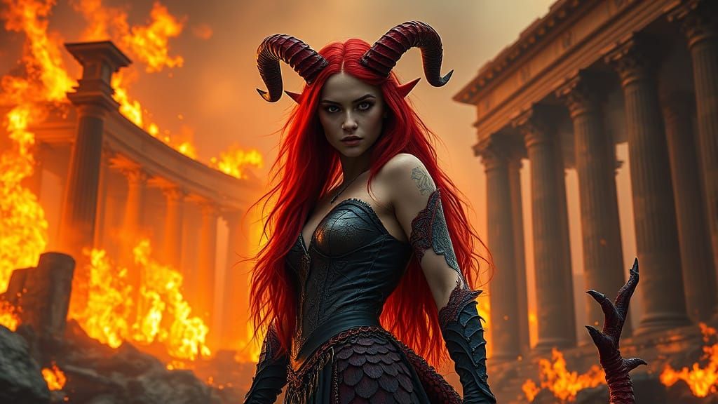 Majestic Half-Dragonborn Woman Emerges from Fiery Ruins in E...