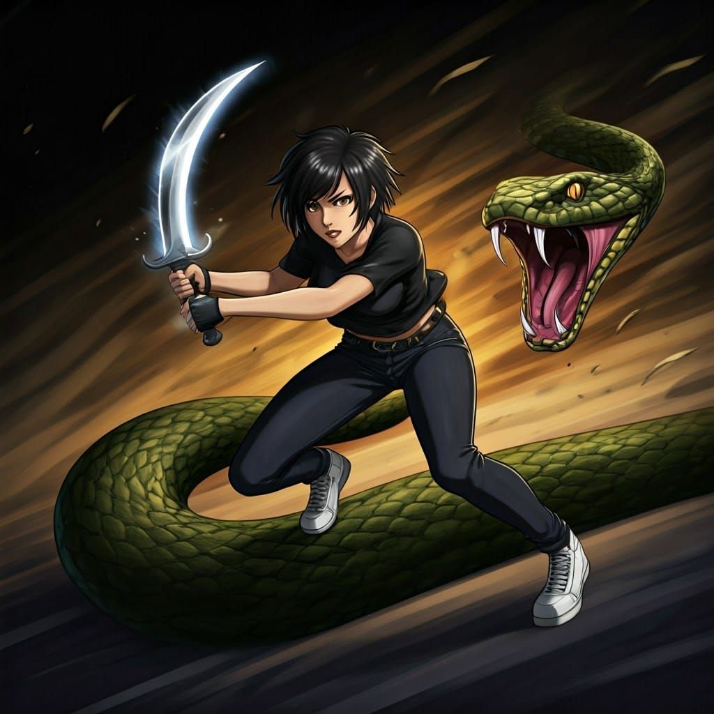 Anime Woman Slaying Cobra in Dynamic Action Scene