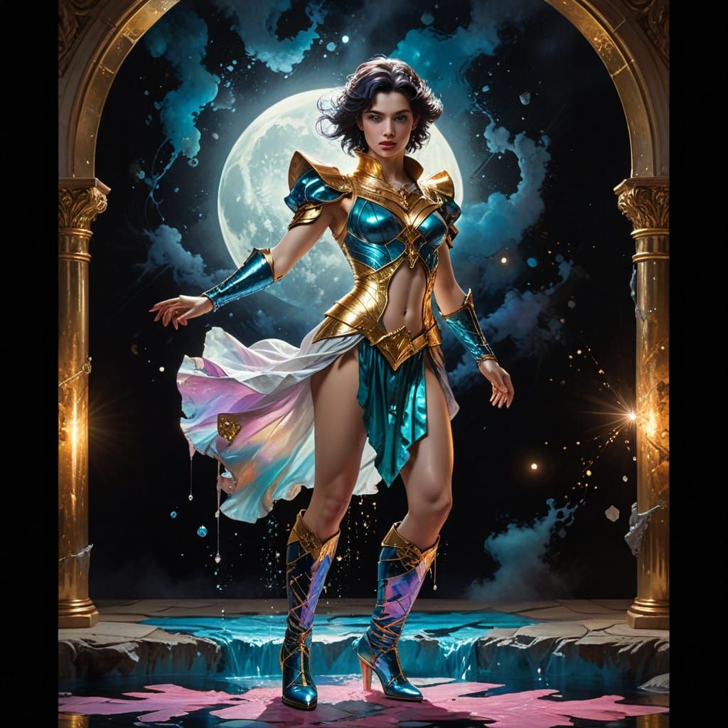 Enigmatic Jester in Iridescent Armor Amidst Cosmic Backgroun...