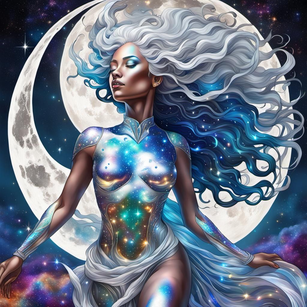 Cosmic Moon Goddess with Silver Skin and Translucent Body