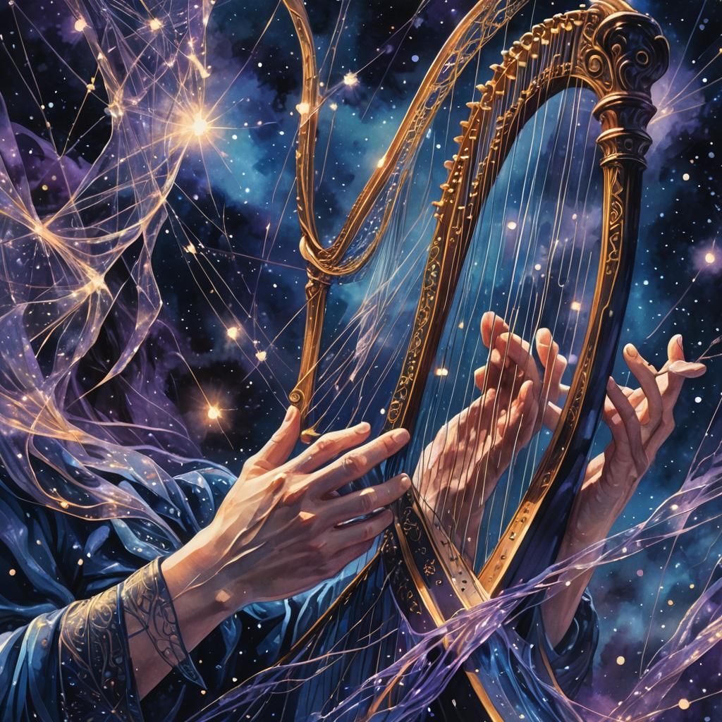 Ethereal Harpist Weaving Starlight Web in Ink Painting