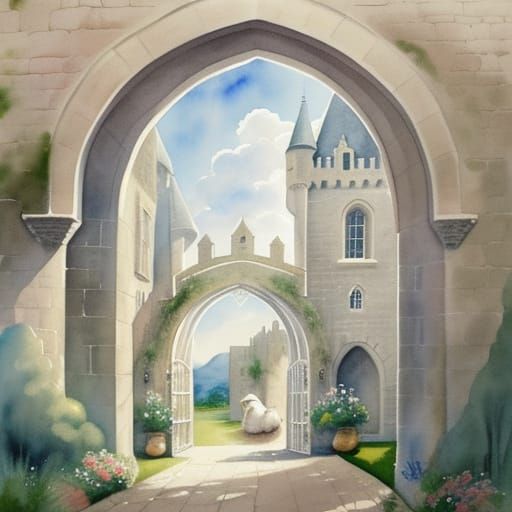 Poodle in Castle Entryway, Watercolor Illustration