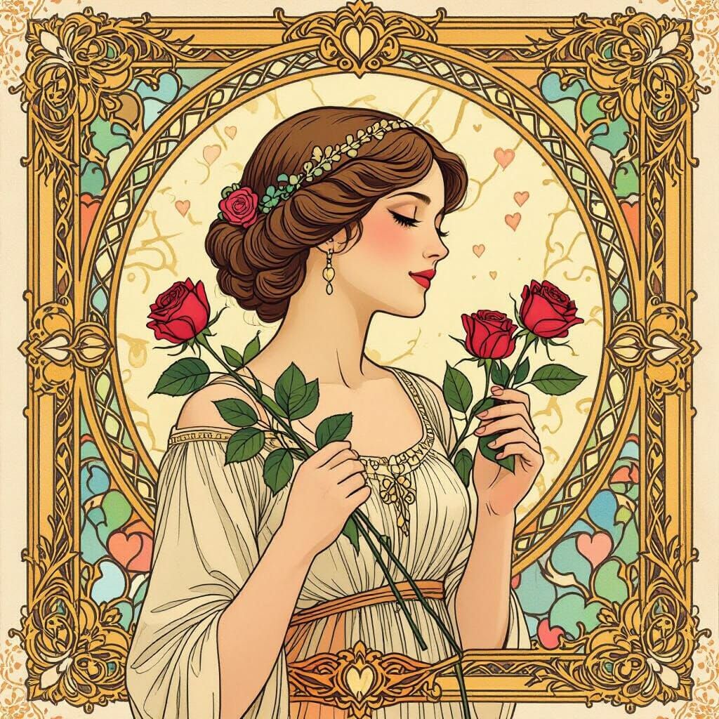Woman with Roses in Art Nouveau Style