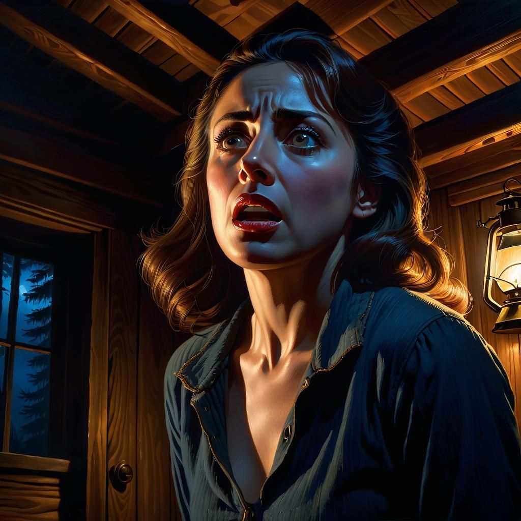 Eerie Cabin Scene with Woman in Chiaroscuro Lighting
