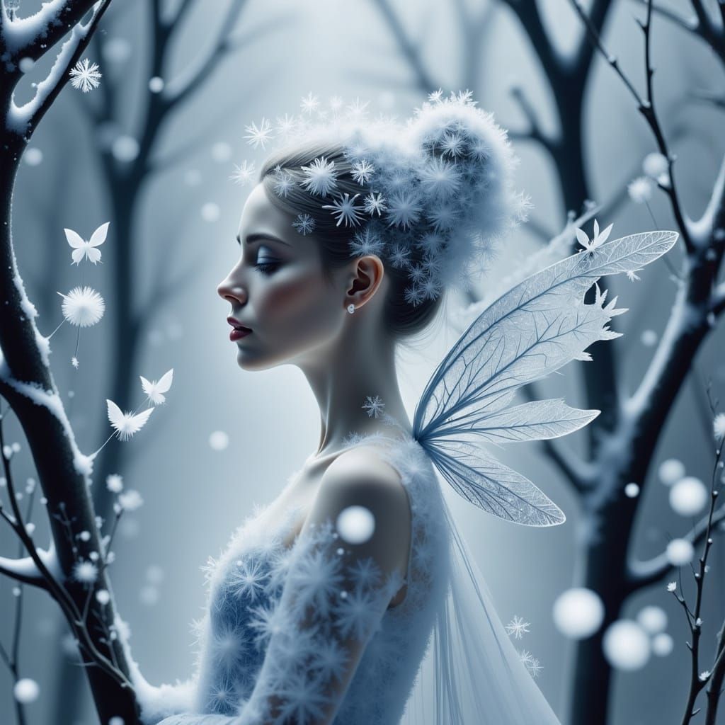 Ethereal Winter Fairy in Frosty Woodland Scene, Infrared Bla...