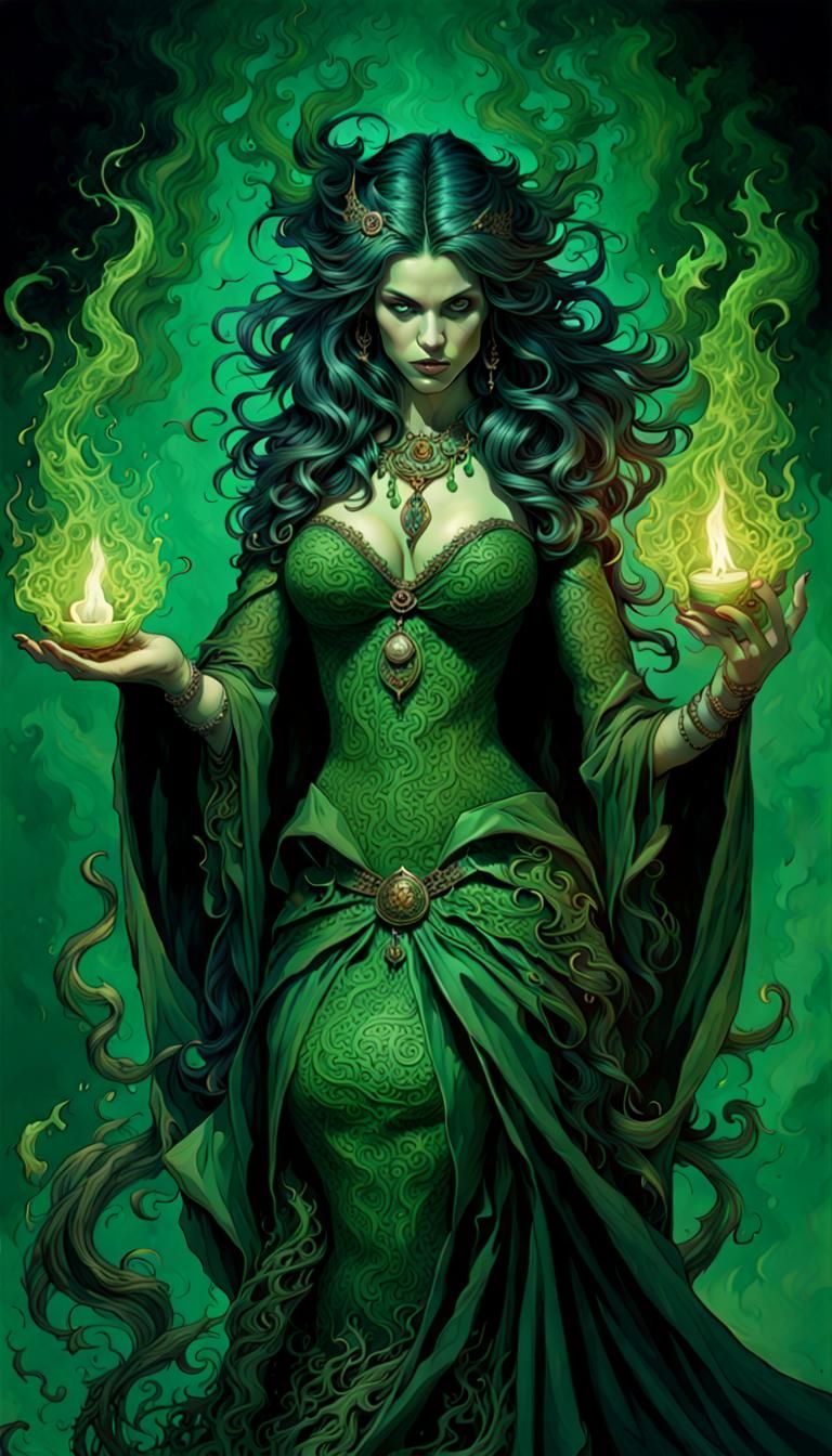 Evil Sorceress Casting a Spell with Green Flames