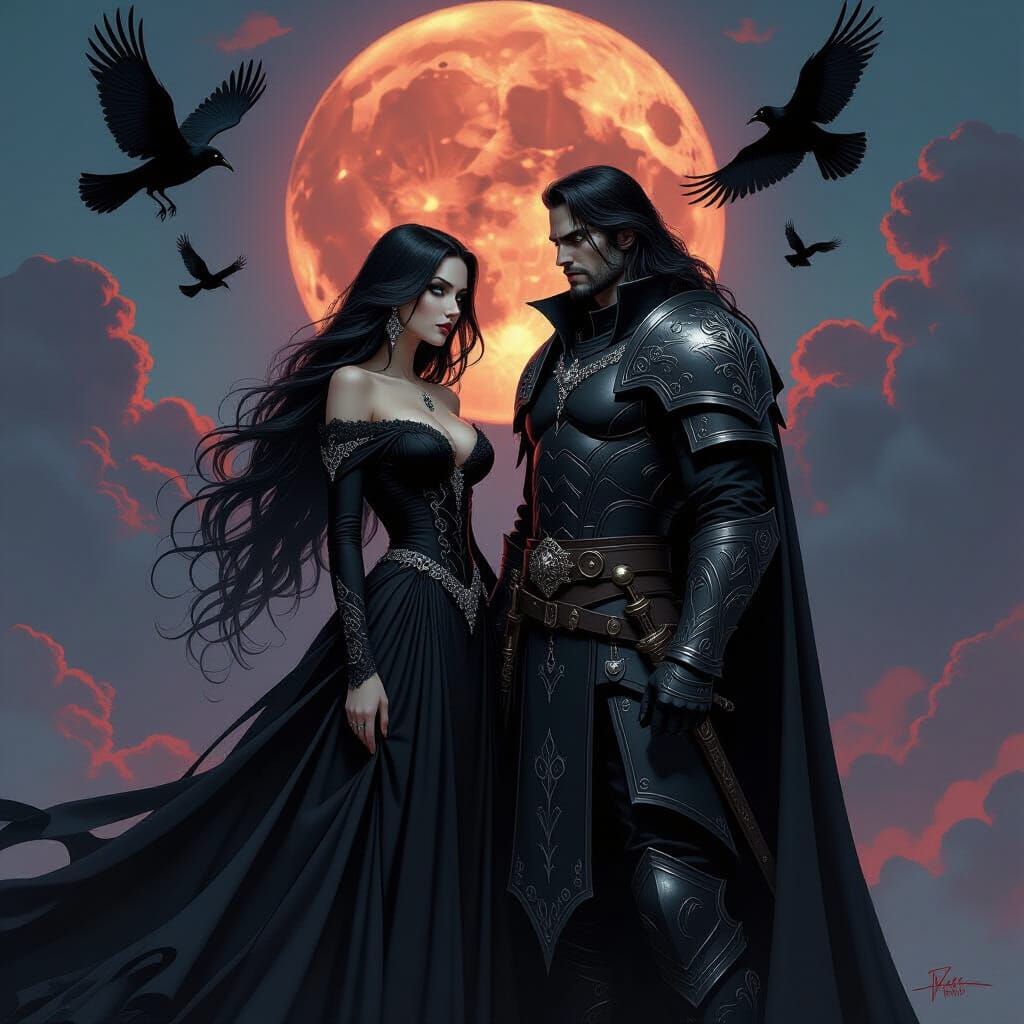 Witch and Warlock Under Blood Moon in Gothic Horror Style