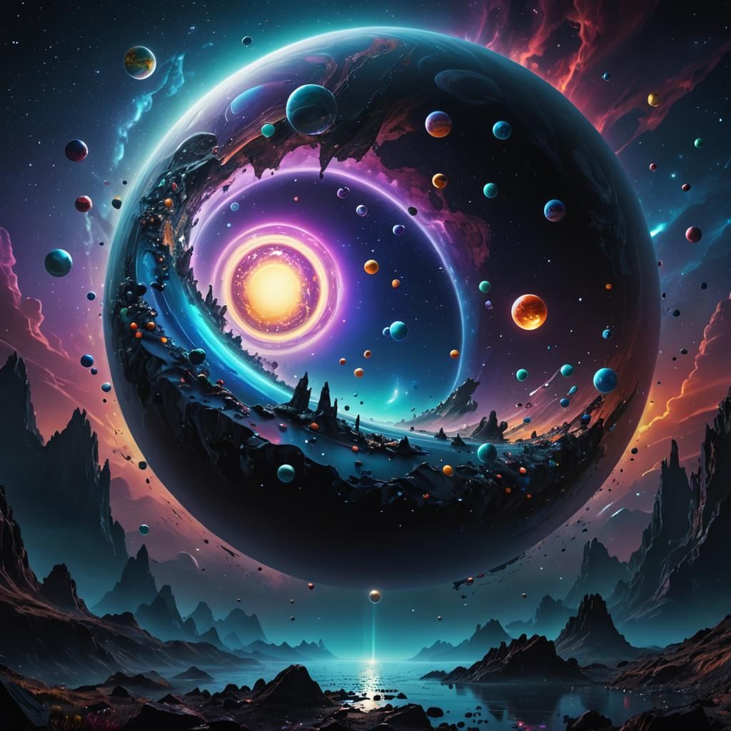 Surreal Planet with Floating Marbles, Digital Matte Painting