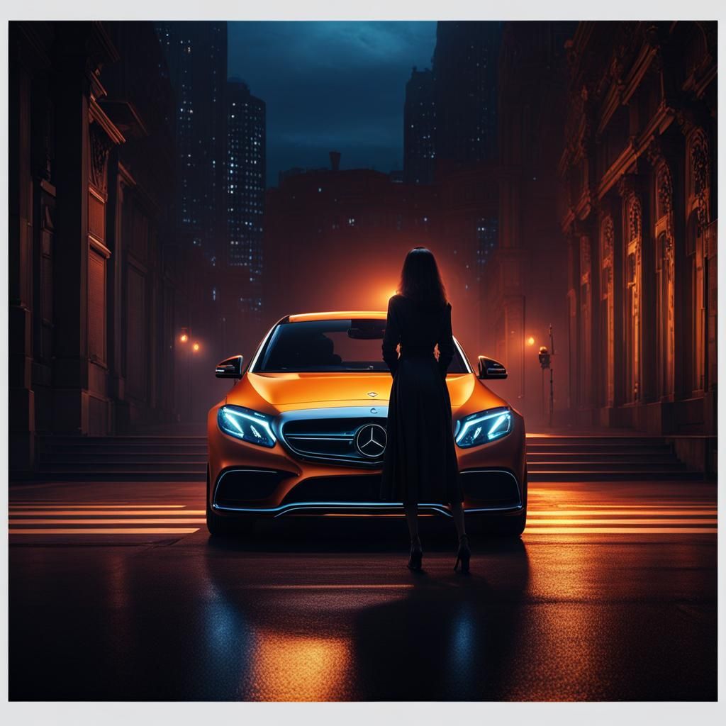 Woman and Mercedes-Benz Silhouette at Night