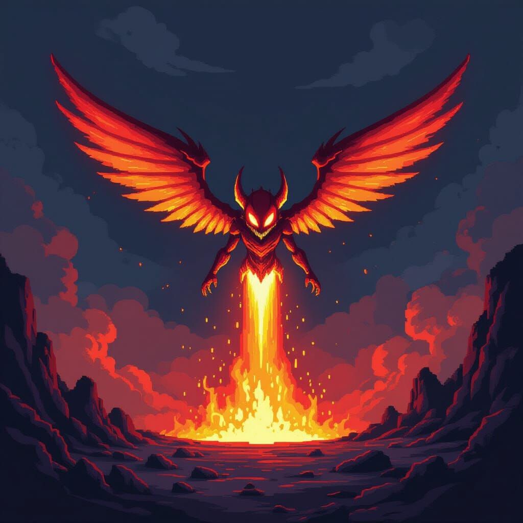 Pixel Art Alien Hovering Over Lava with Fire Streaks