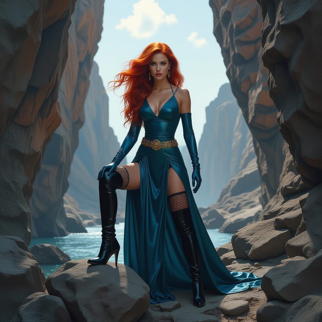 Mythic Figure Emerges from Elemental Landscape