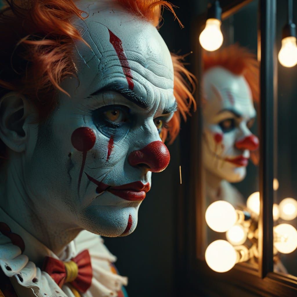 Sad Clown Gazing in Mirror with Moody Lighting