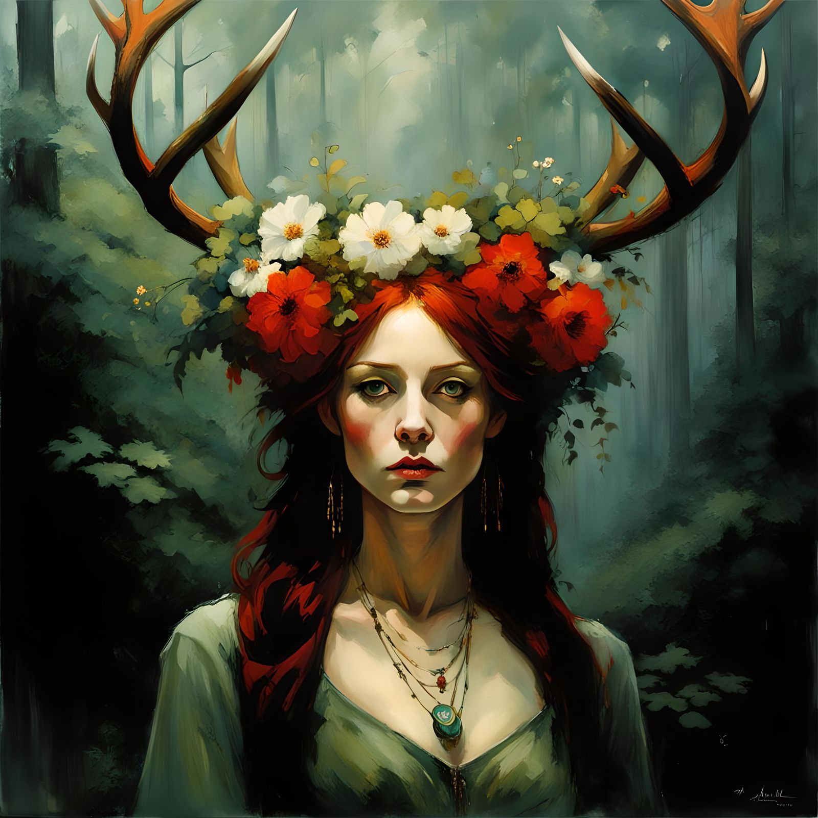 Red-Haired Pagan Woman with Antlers in Forest