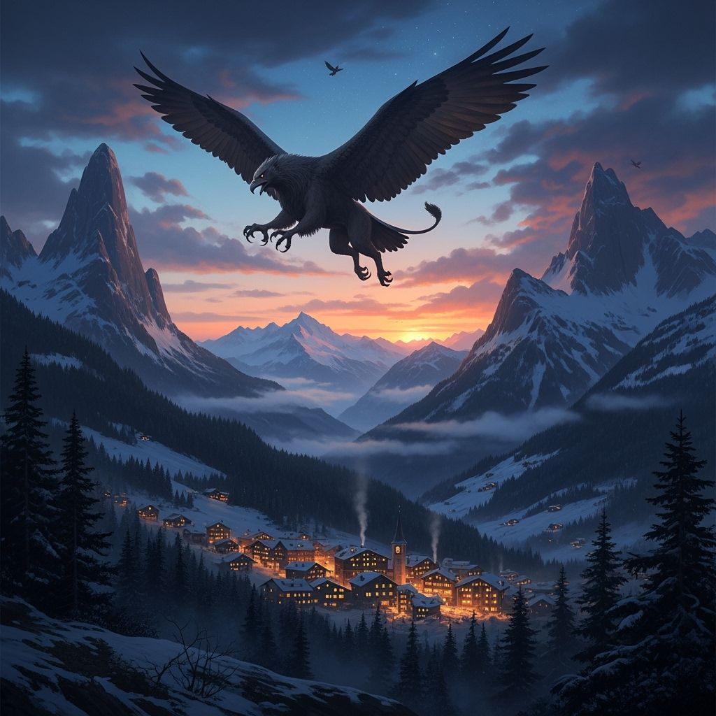 Majestic Griffin Soars Over Snowy Alps At Twilight