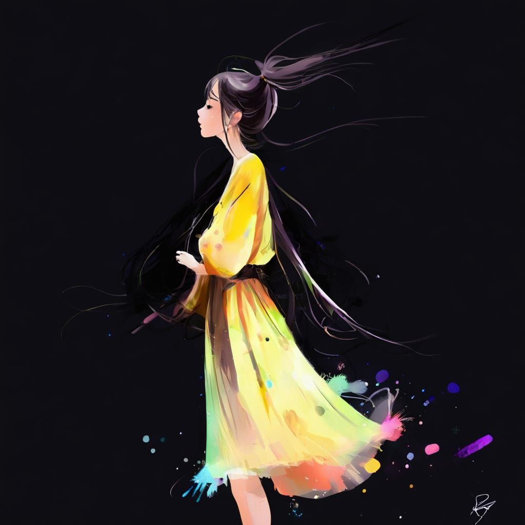 Anime Girl in Petticoat Dress with Digital Brushstrokes