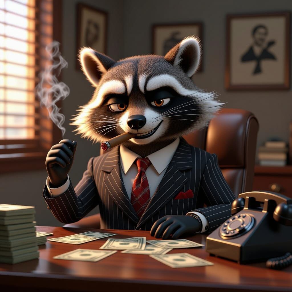Cartoon Raccoon Mob Boss in Pixar Style