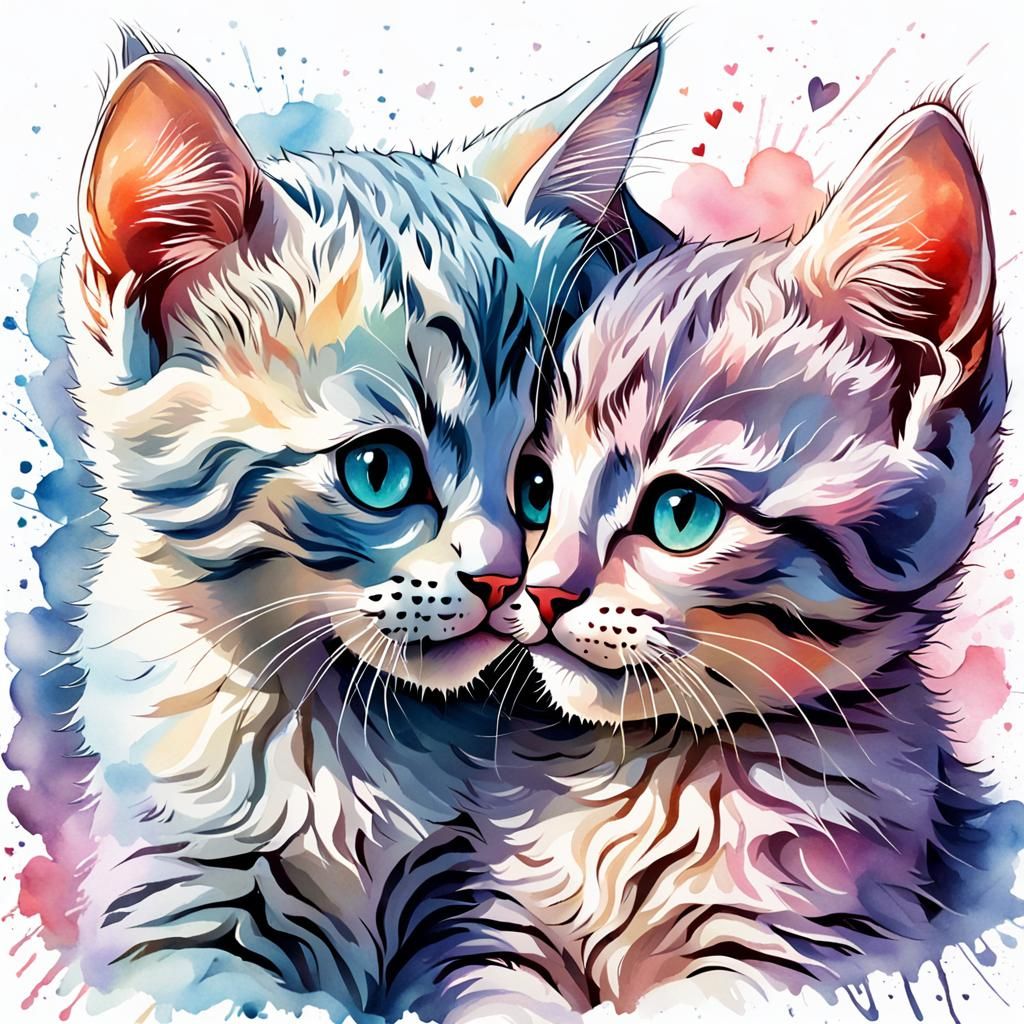 Two Kittens in Love: Pastel Watercolor Art