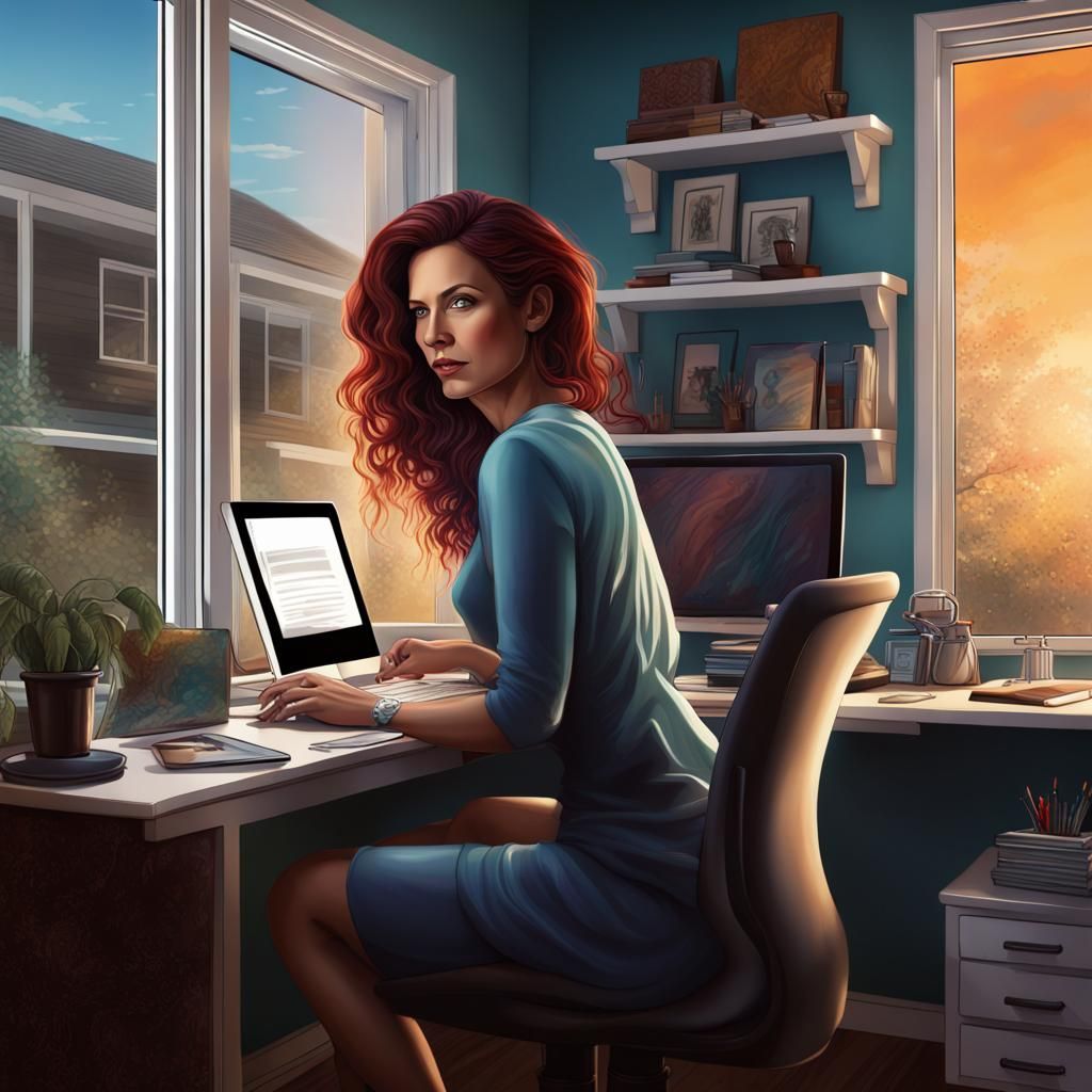 Radiant Entrepreneur Working From Home, Detailed Matte Paint...