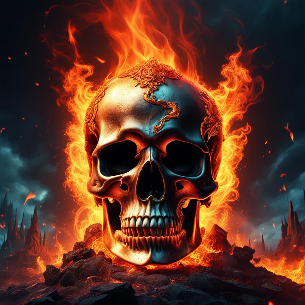 Burning Skull in Fire: Detailed Matte Painting
