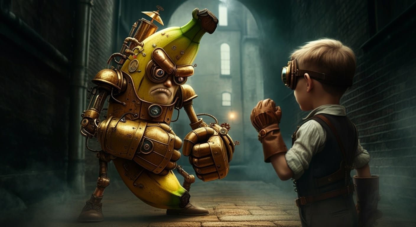 Steampunk Banana Confronts Boy in Foggy Alleyway