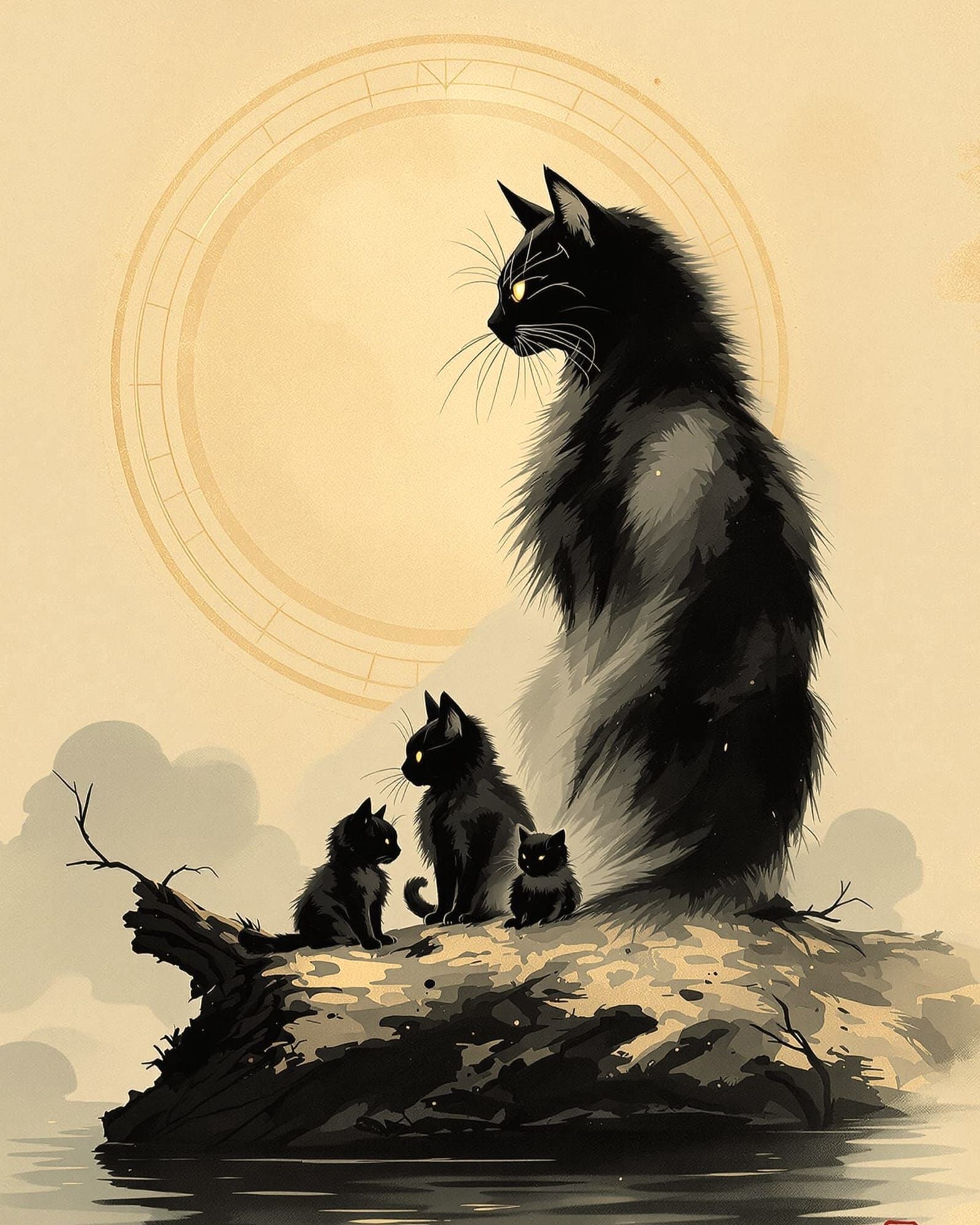 Mystical Mother Cat Defies Fate in Ritual Circle