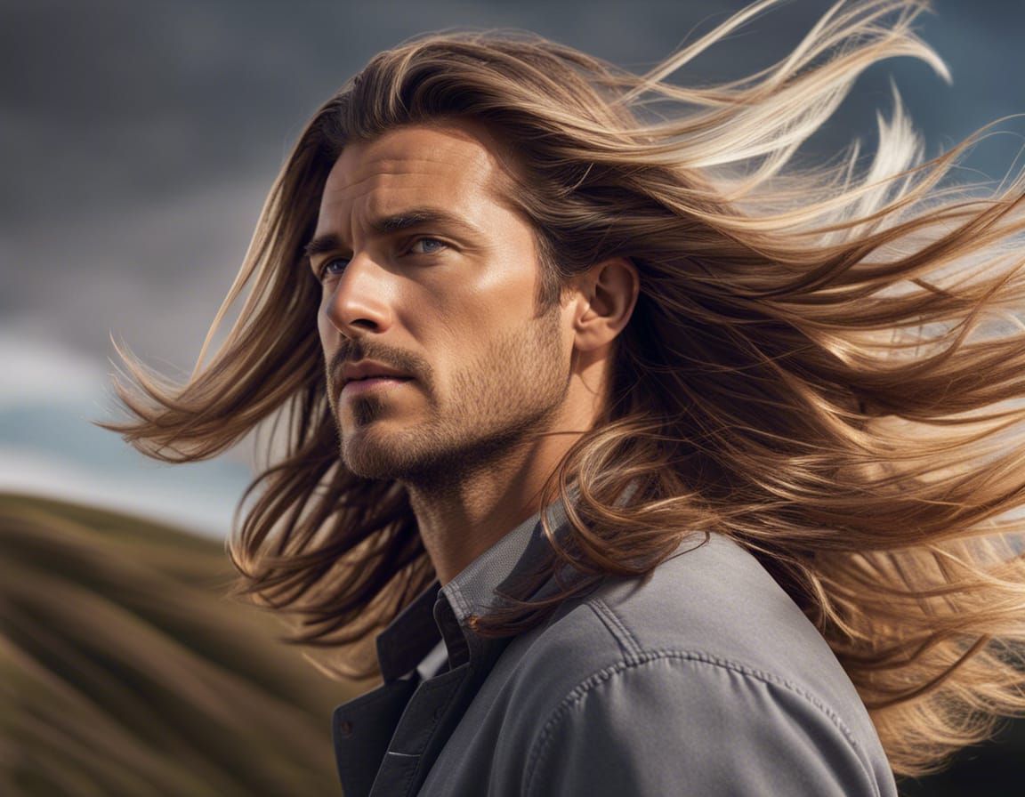 Majestic Long-Haired Man in Wind