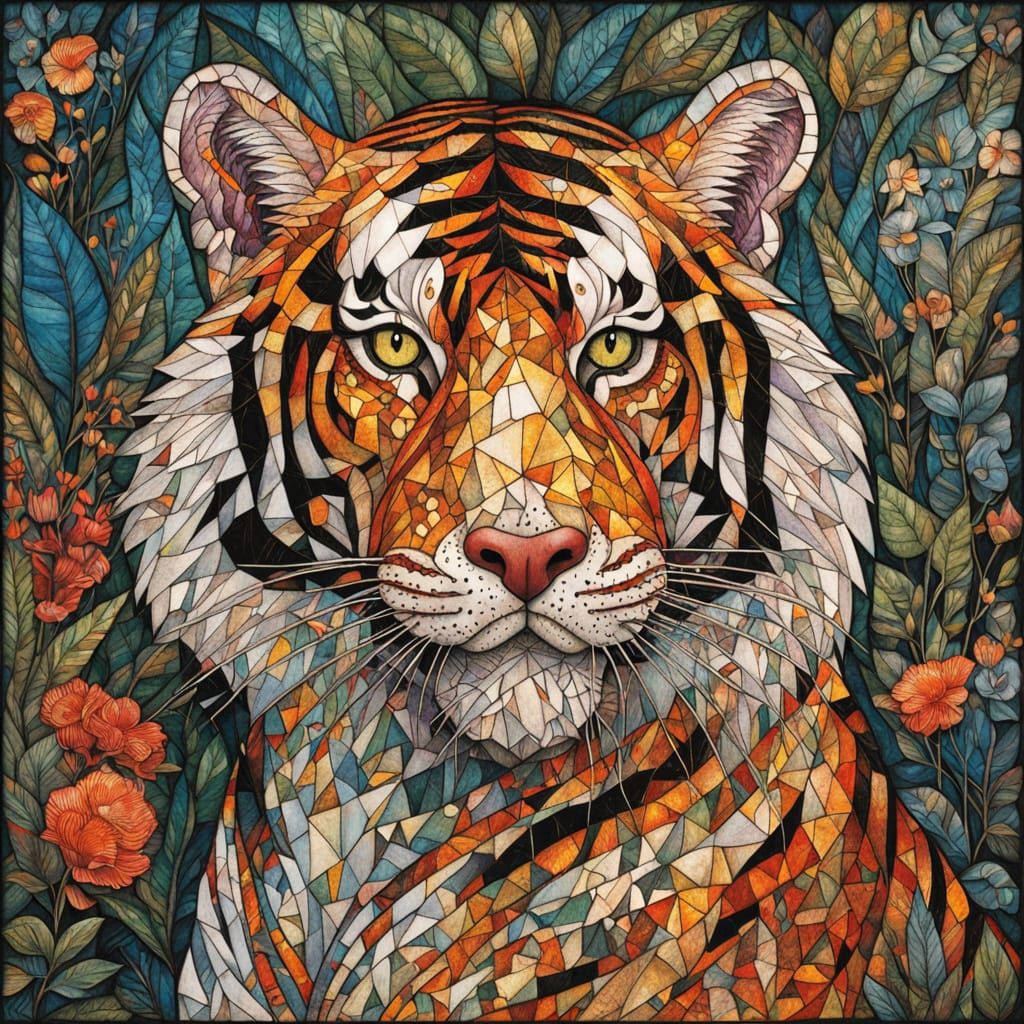 Vibrant Stained Glass Tiger in Art Brut Style