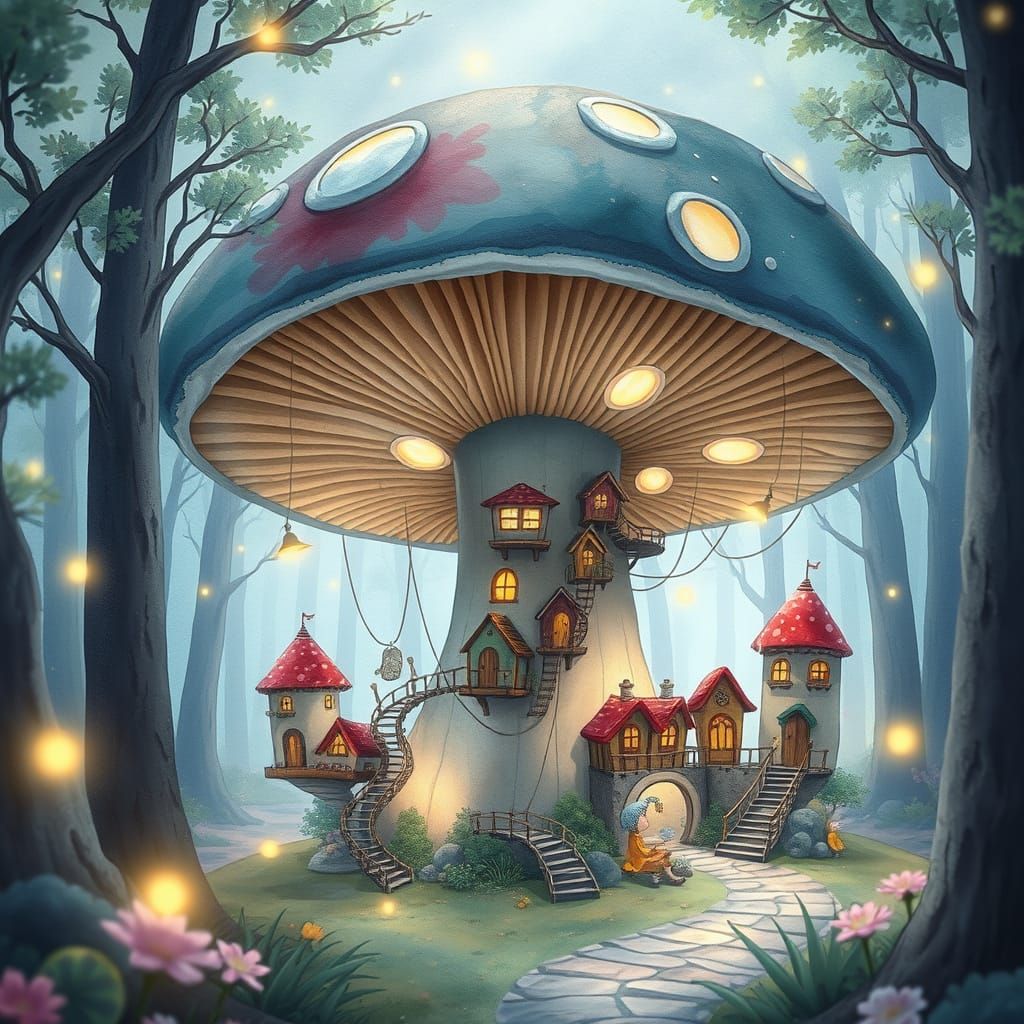 Whimsical Fairy Village in Mushroom, Watercolor Art