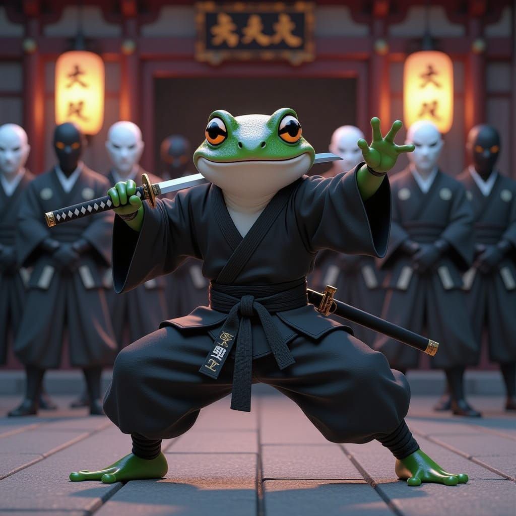 Ninja Frog Duel with Katana in Anime Style