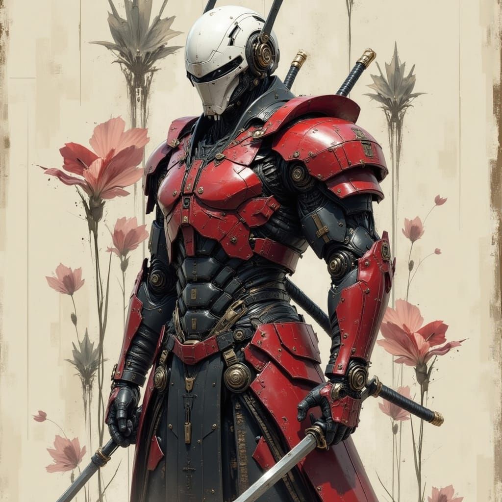 Samurai Warrior with Star Wars Helmet in Modern Art