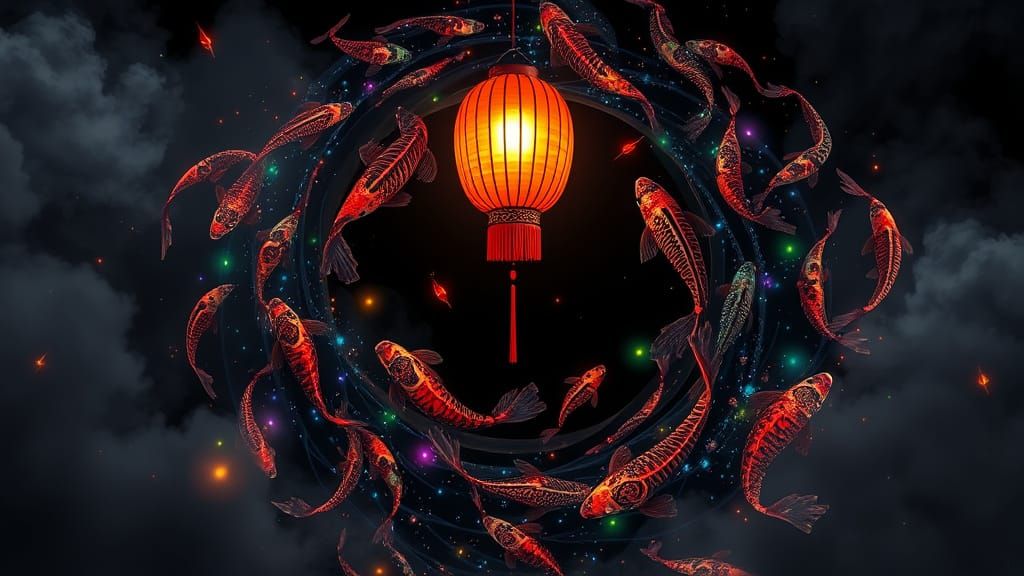 Bioluminescent Crystal Koi Swirling in Rainbow Ink Twister