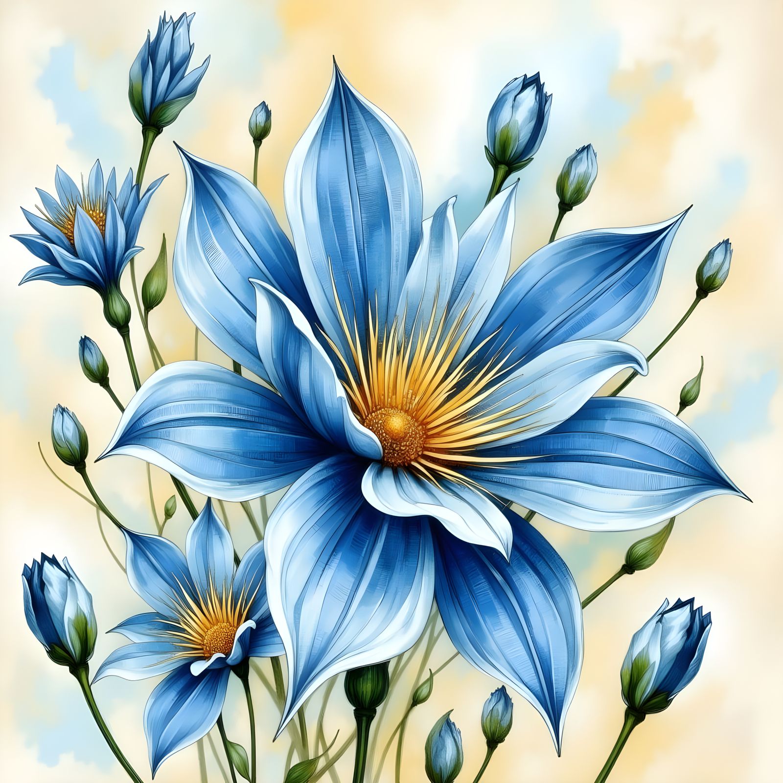 Oversized Sky Blue Flowers in Watercolor Painting