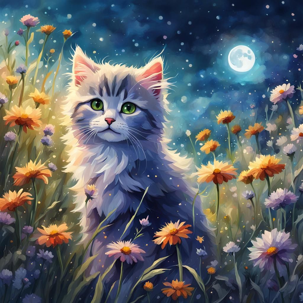 Fluffy Kitten Watching Fireflies in Moonlight