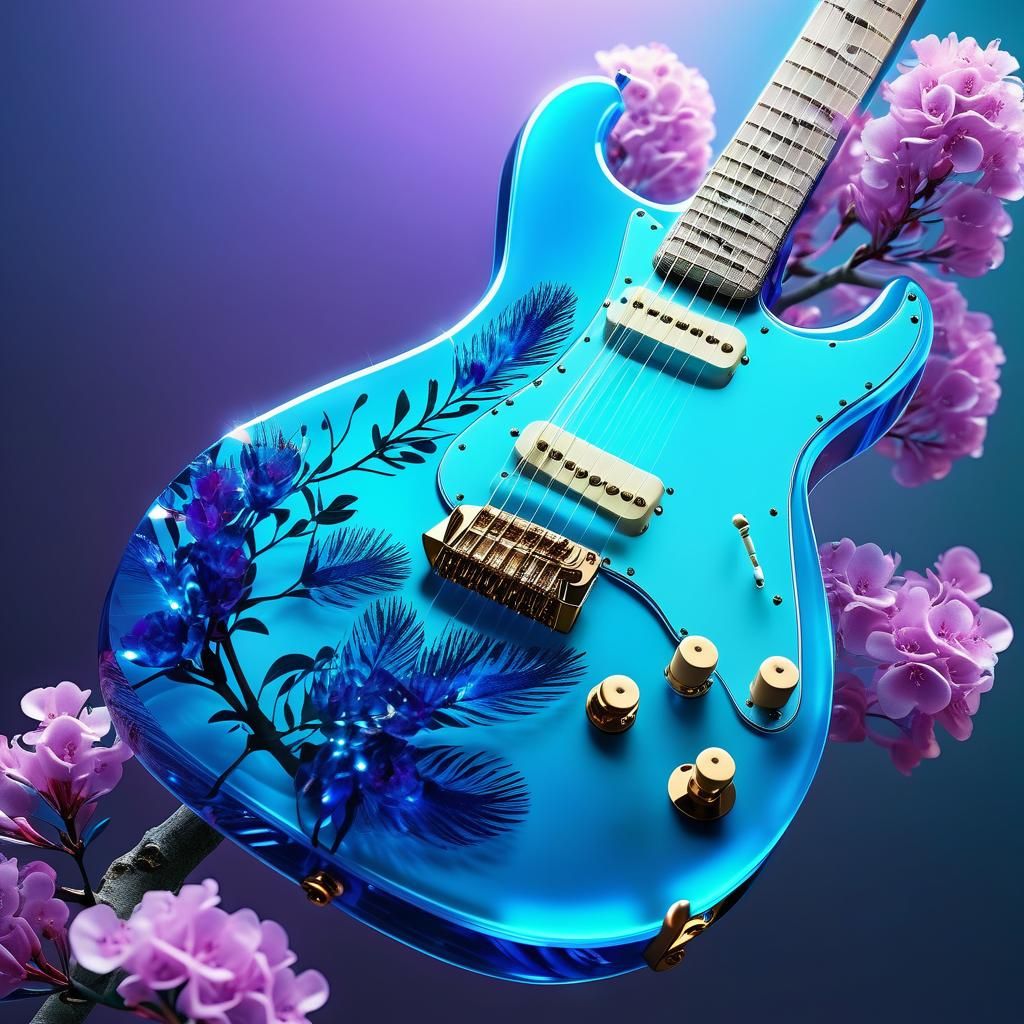 Glass Guitar with Kingfisher: Hyperrealistic Digital Art