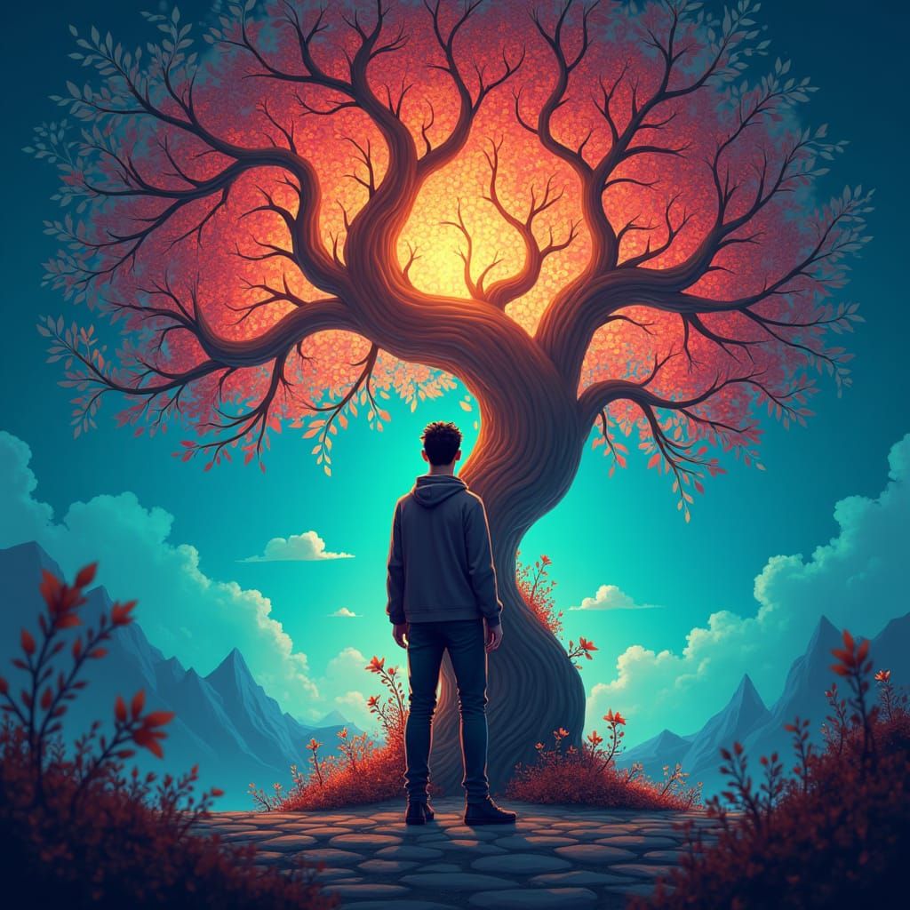 Entrepreneur and Glowing Tree Logo in Art Nouveau Style