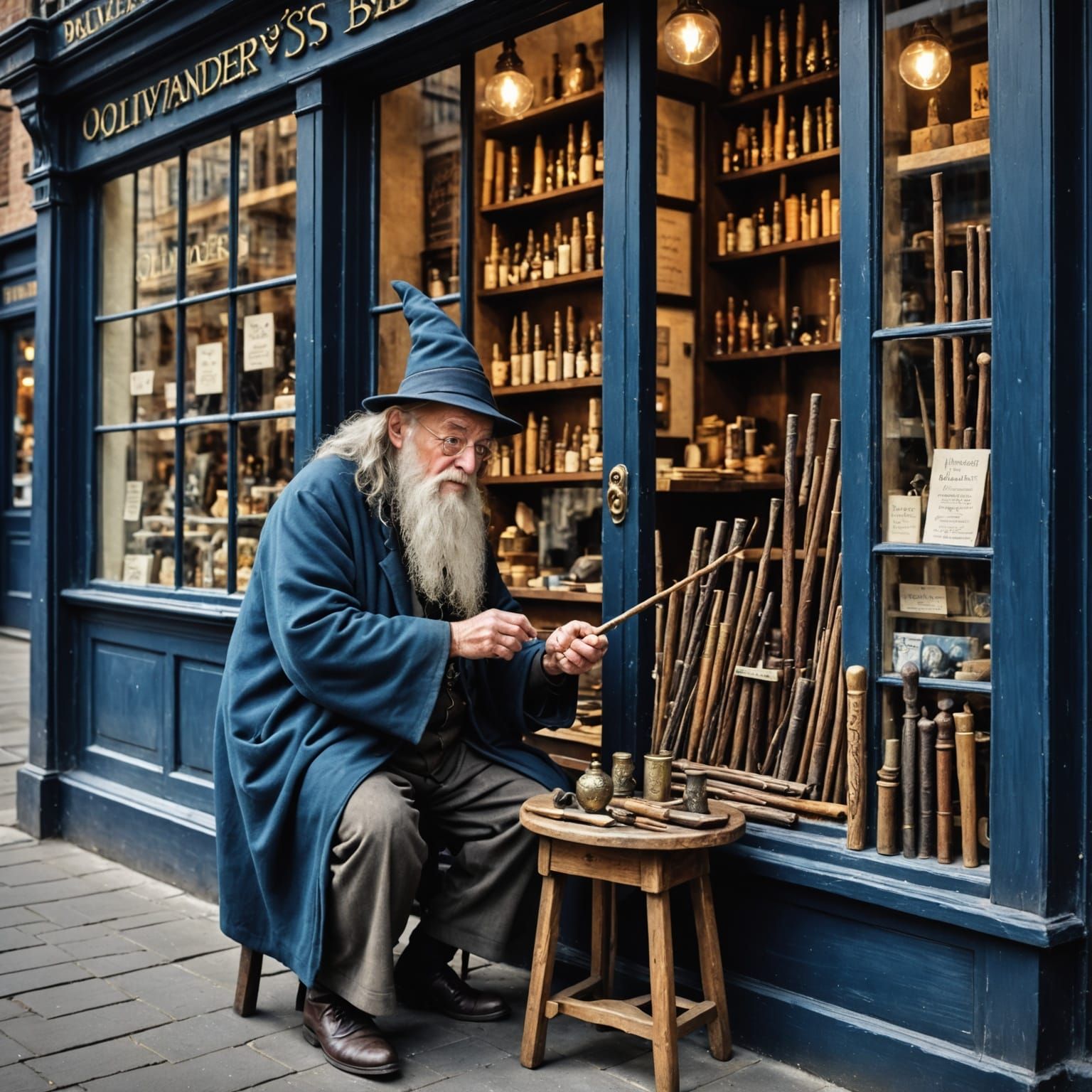 Elderly Wizard Handcrafts Magical Wands Outside Shop
