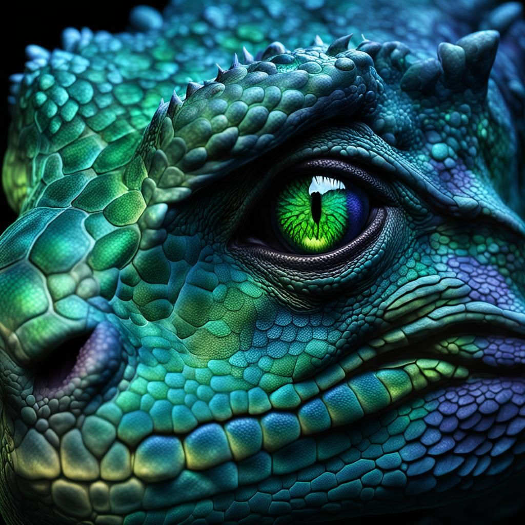Eerie Reptilian Face with Glowing Emerald Eyes