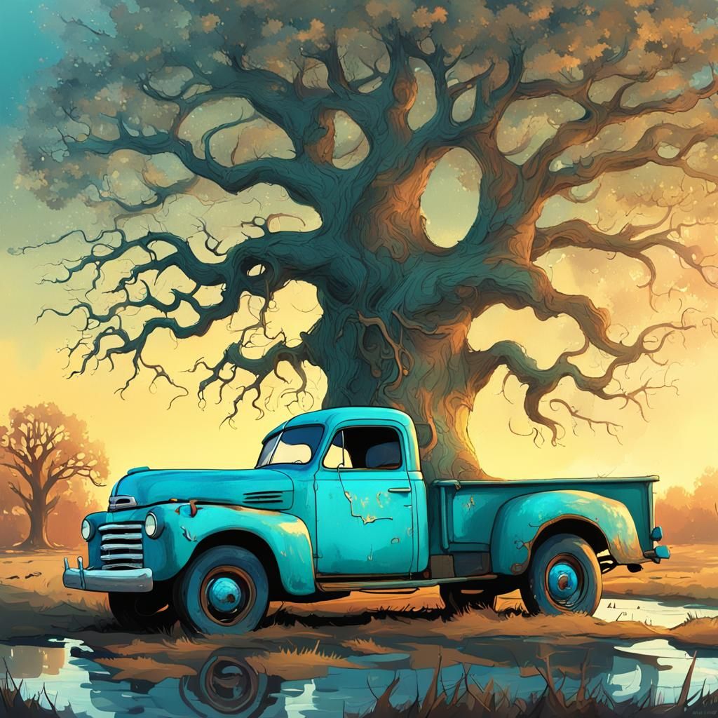Fantasy Pickup Truck Amidst Mysterious Nighttime Landscape
