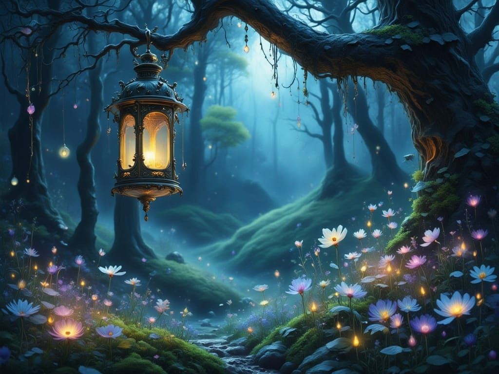 Mystical Forest Lantern Glow in Dark Folklore Style