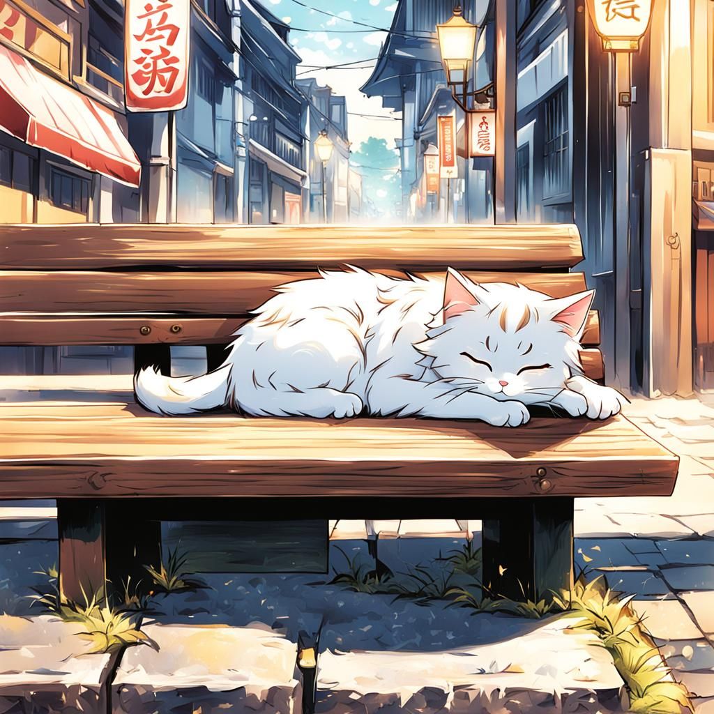 Lucky Cat on Bench in Anime Style Street