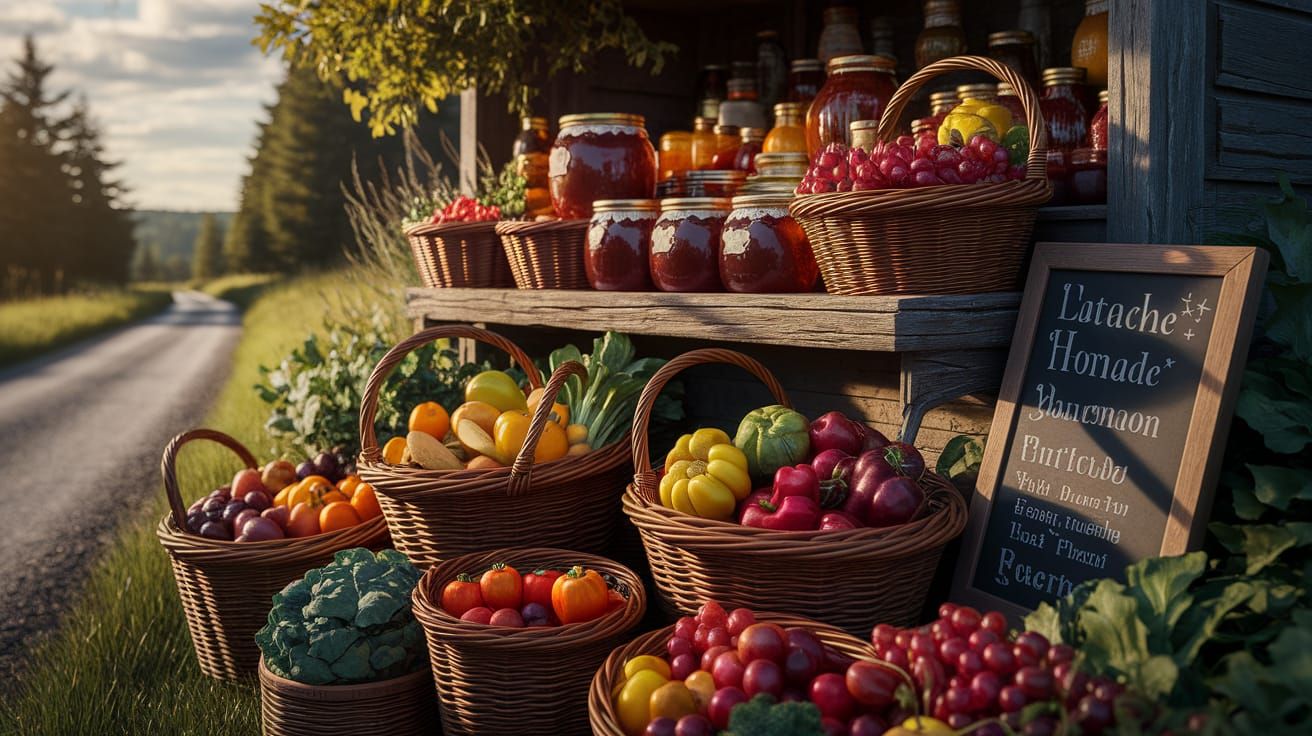 Rustic Fruit Stand in Golden Sunlight, Detailed Art