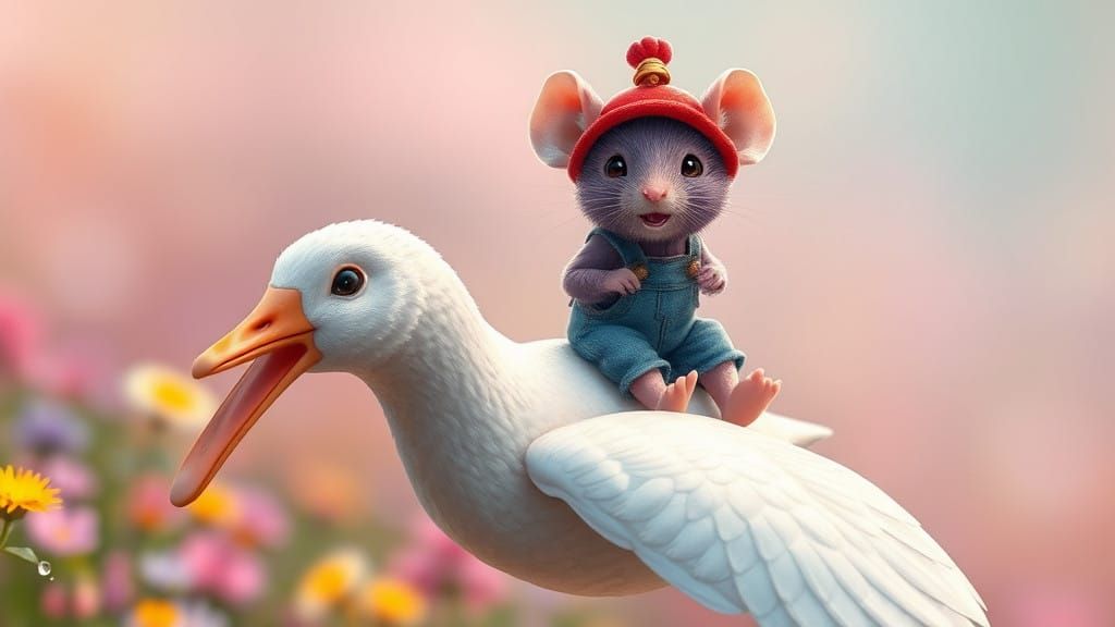 Whimsical Flying Mouse in Spring Wonderland