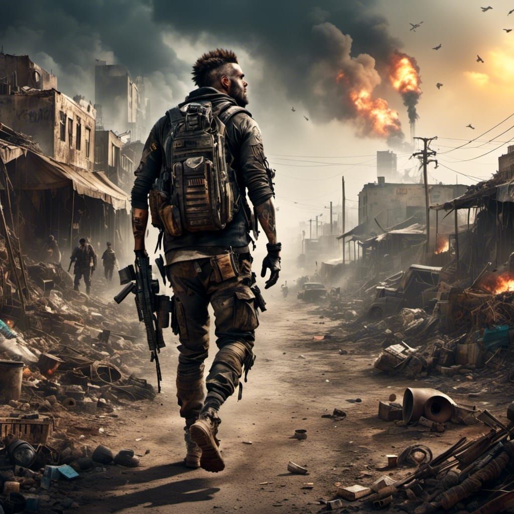 Soldier in Burning Post-Apocalyptic Town