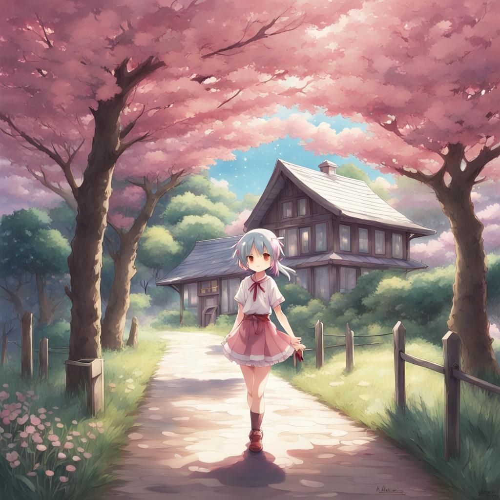Anime Girl in Pink Cherry Tree Forest